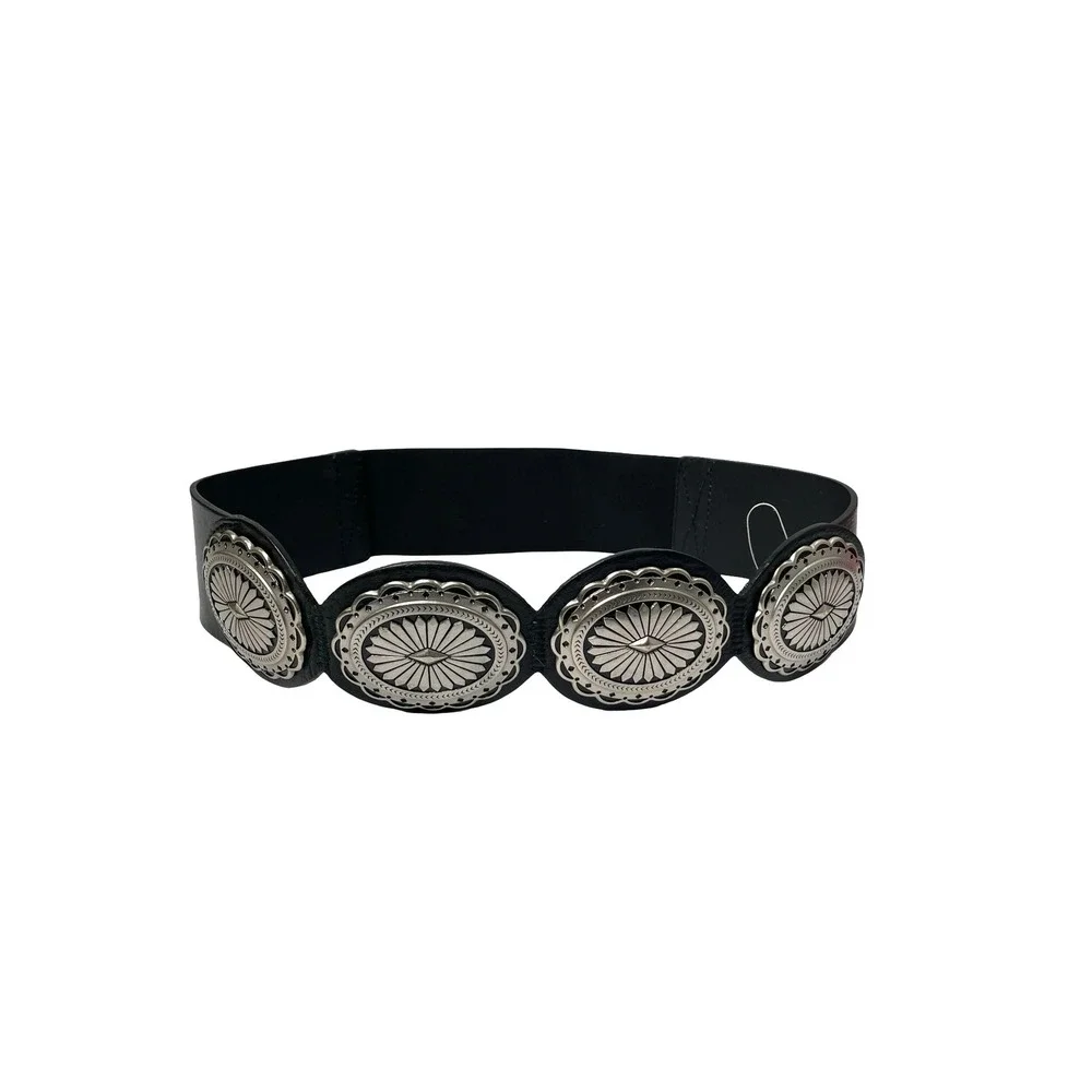 Chicos leather belt with silver concho Size S black stretch boho statement wide